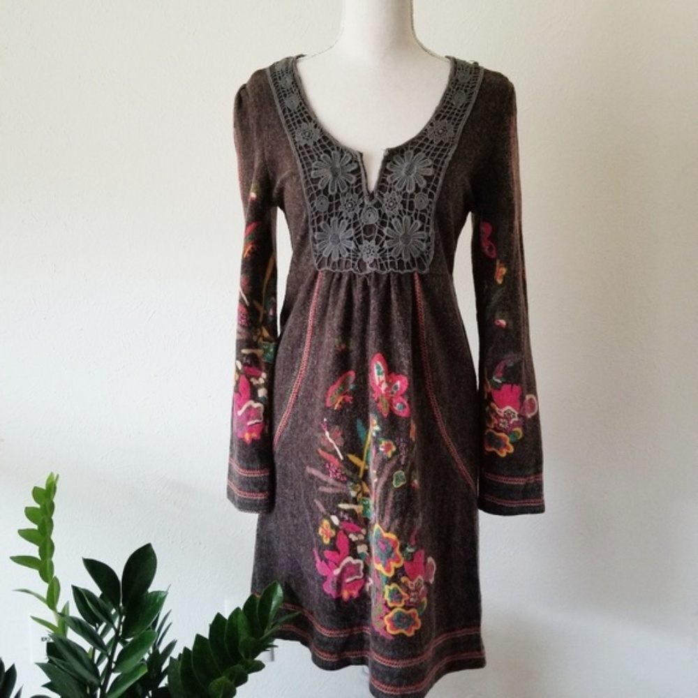 Aryeh Peasant Boho Lace Floral Sweater Dress